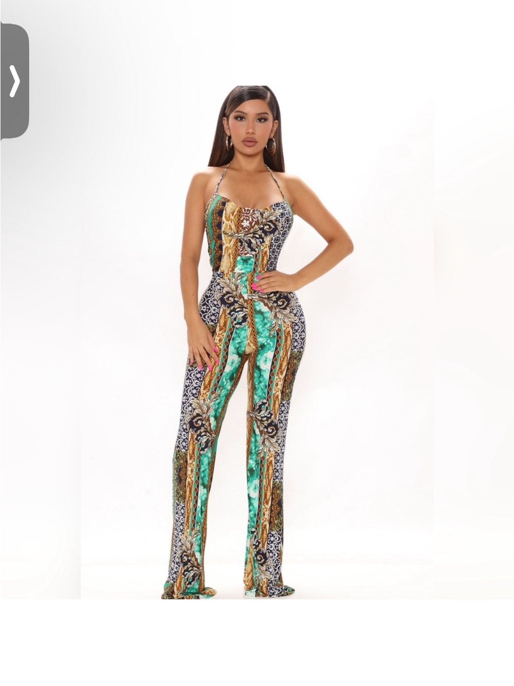 Fashion Nova Strapless Printed Jumpsuit in Teal, Gold & Black